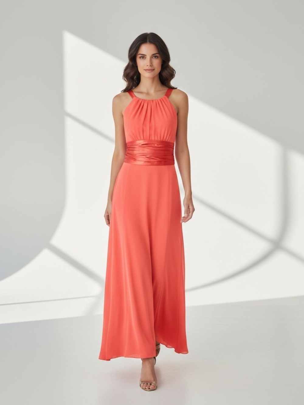 David’s Bridal Coral Halter Bridesmaid Dress Long Formal Gown 12